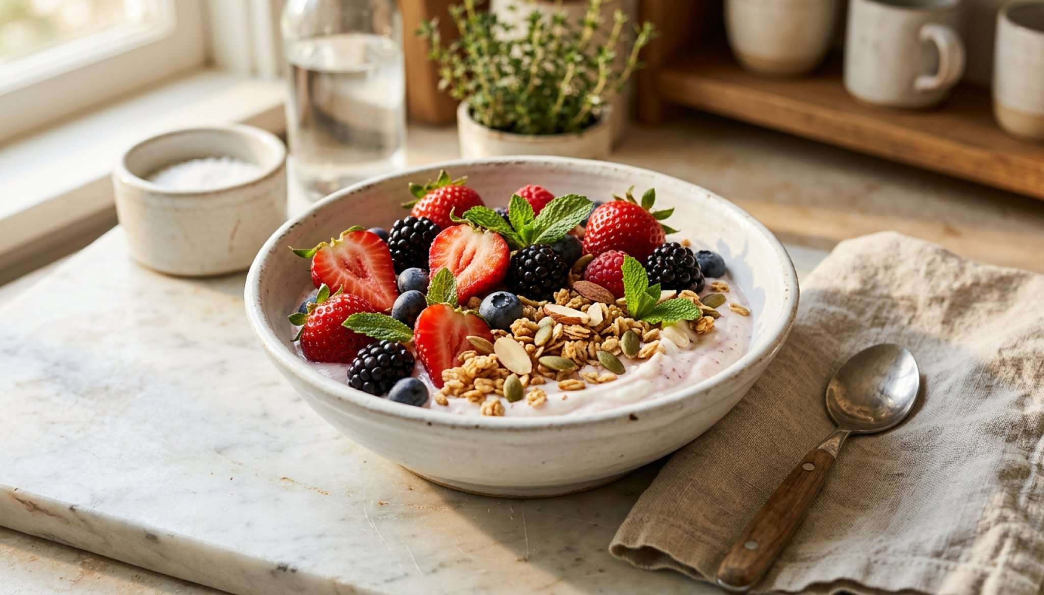 bowl de frutos rojos proteico con yogur, granola y menta sobre mármol claro